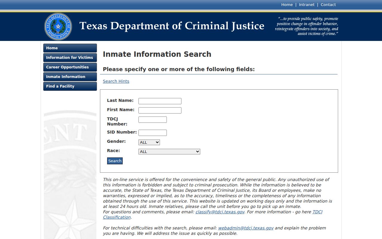 TDCJ inmate search fields used after a King County arrest and state transfer
