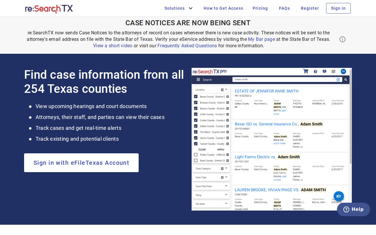re:SearchTX search screen for King County criminal case records