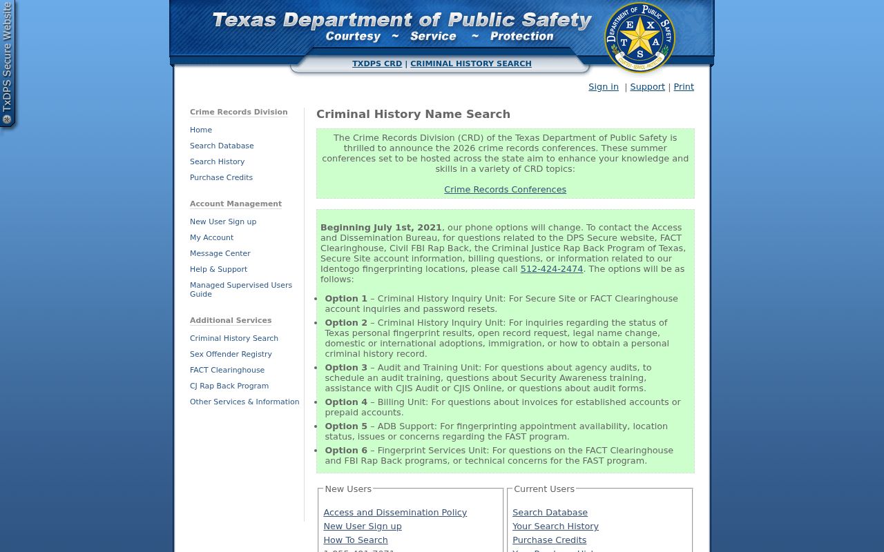 King County criminal history Texas DPS search portal